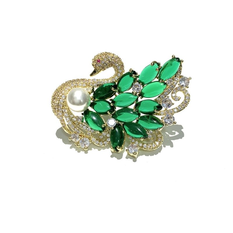 Green Agate Swan Brooch – Sky Luxury Gold-Plated Design