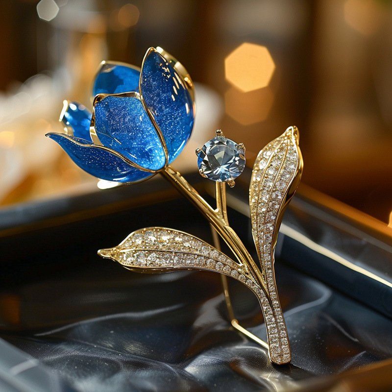 Luxury Blue Tulip Enamel Brooch – Korean Design