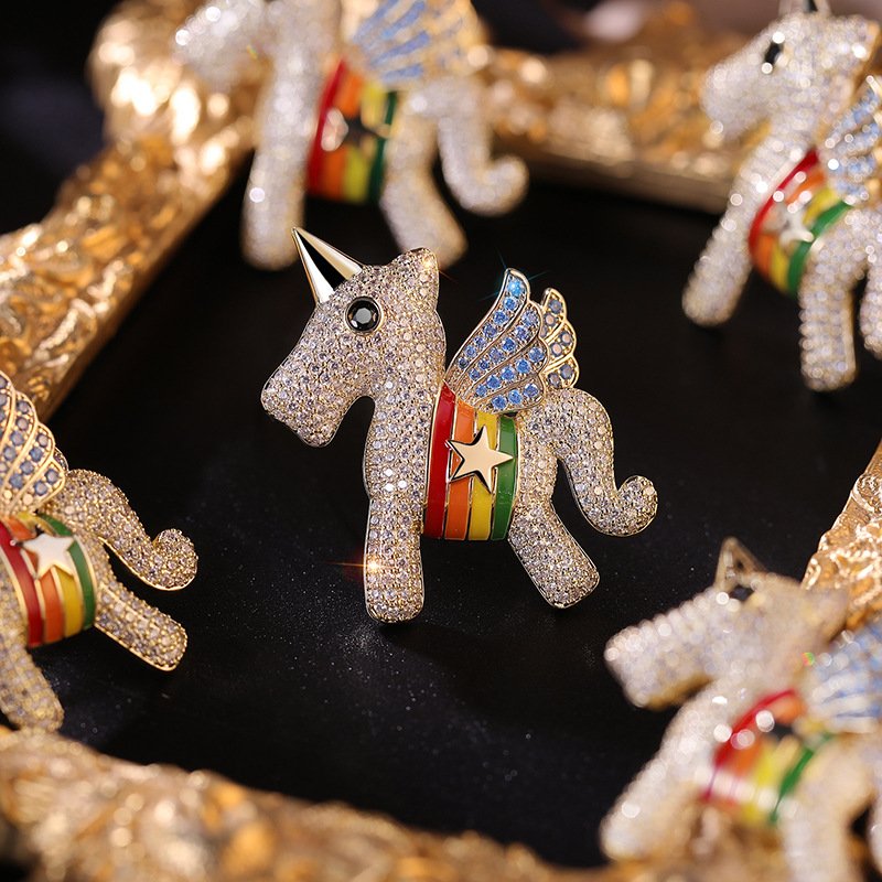 Colorful Unicorn Brooch: Luxury Copper Zirconia Corsage Pin